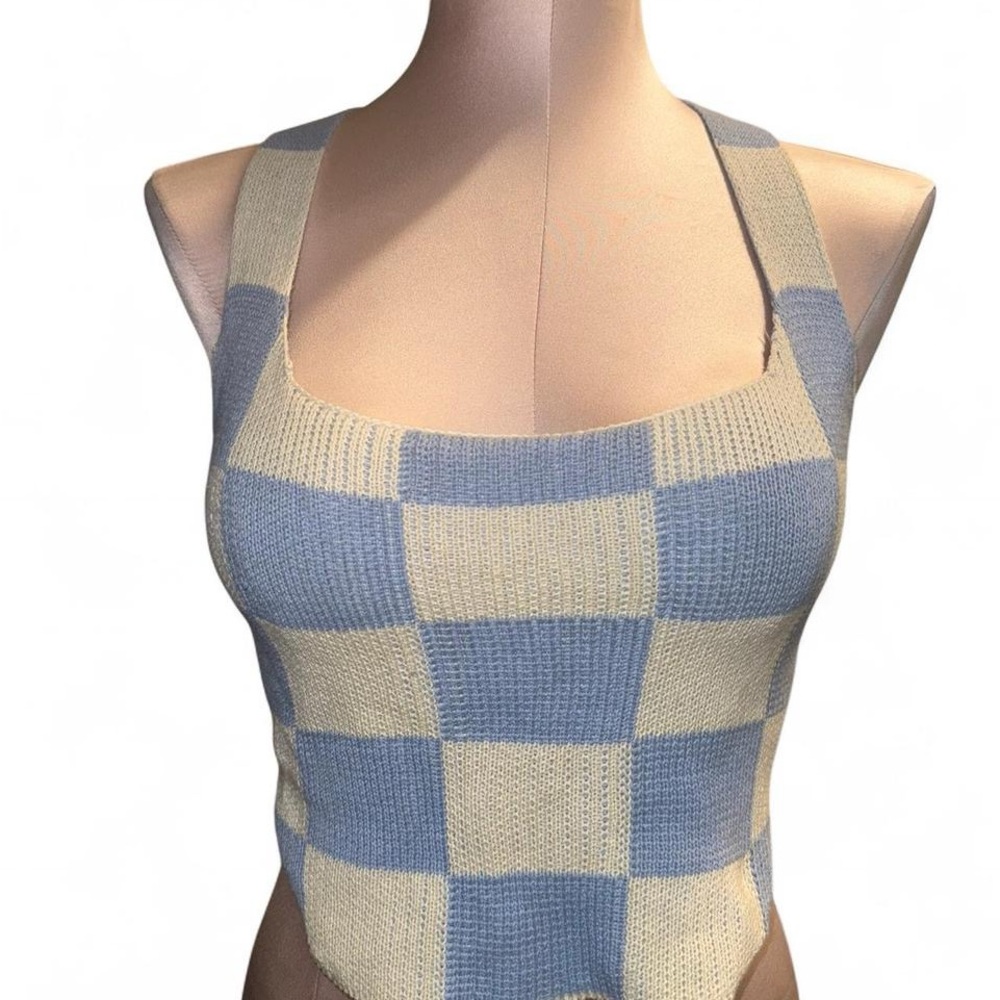 Blue and Cream Checkered Crop Top size medium